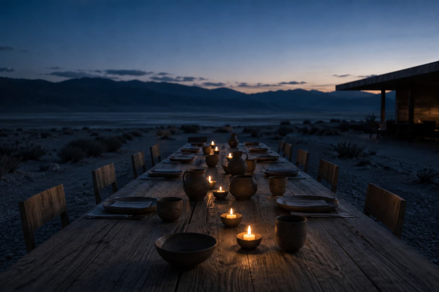A long communal timber table set outdoors at dusk, lit only by candles.