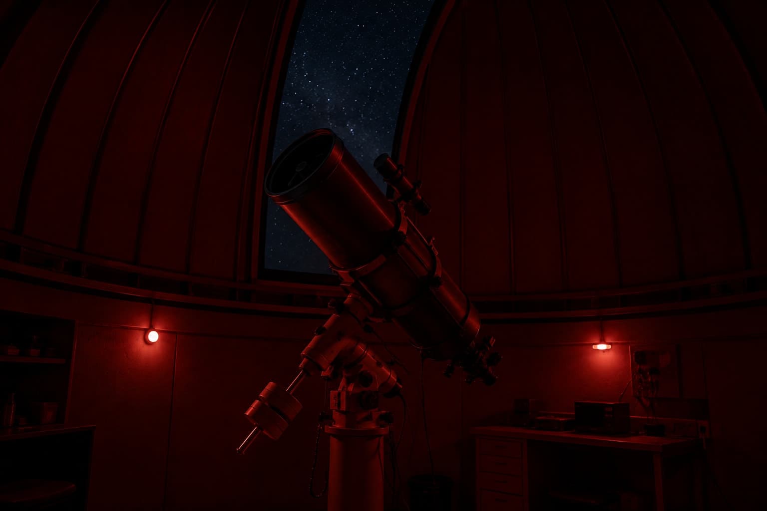 A large reflecting telescope on an equatorial mount inside a dim dome under red safelight.