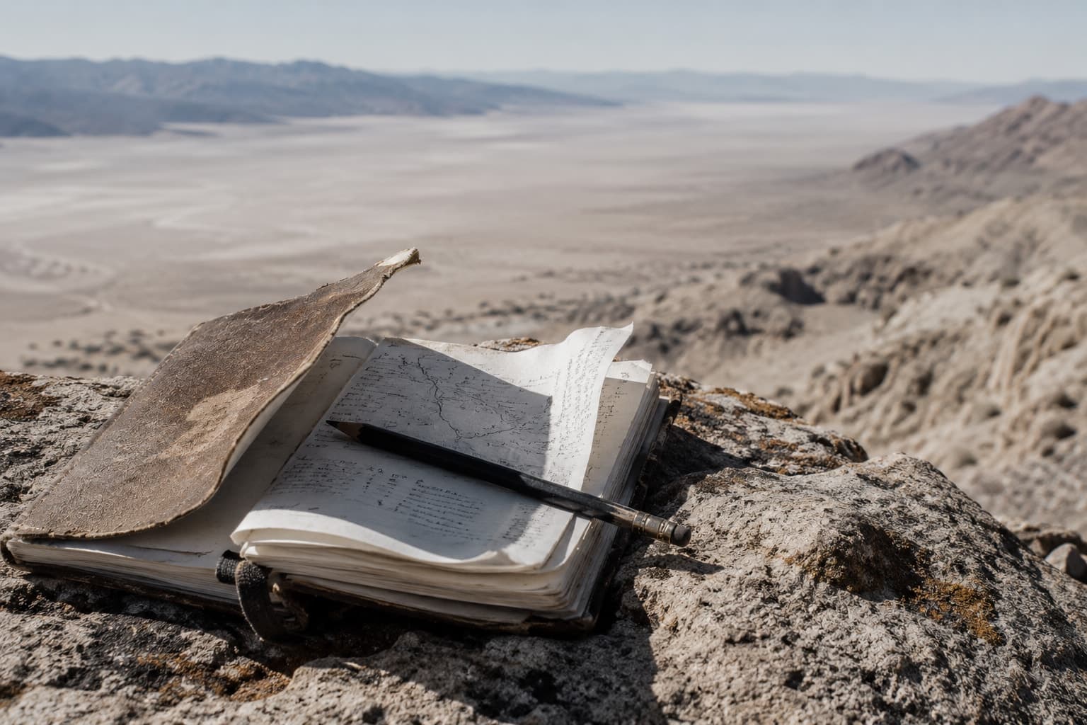 A weather-worn field notebook and pencil resting on a rock ledge.