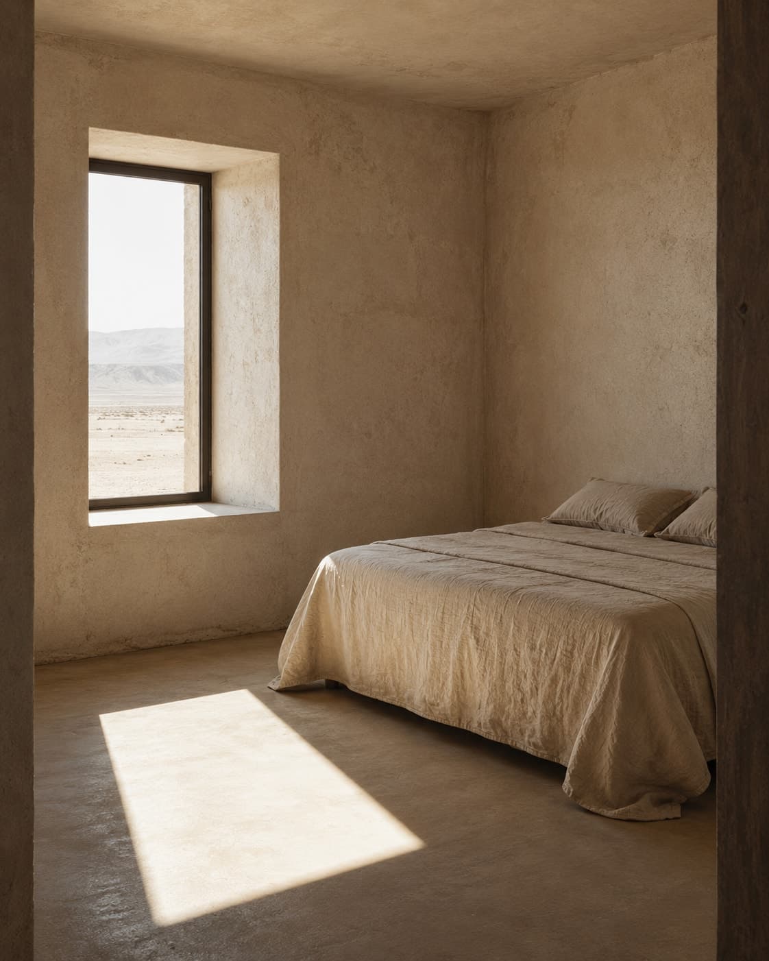 A spare guest room with lime-plaster walls and a linen bed, one deep-set window holding a distant ridge above the basin floor and throwing a hard rectangle of light across the concrete.