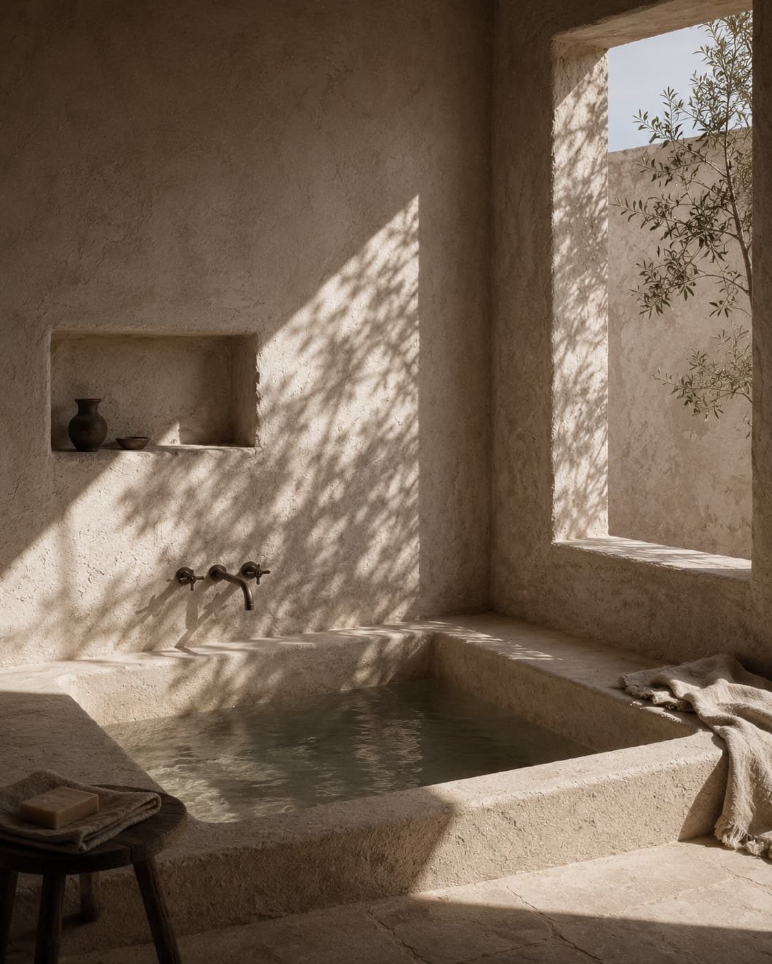 A plaster bath sunk into a stone floor below a deep window opening, the water still, folded linen on the ledge, leaf shadow moving across the wall.