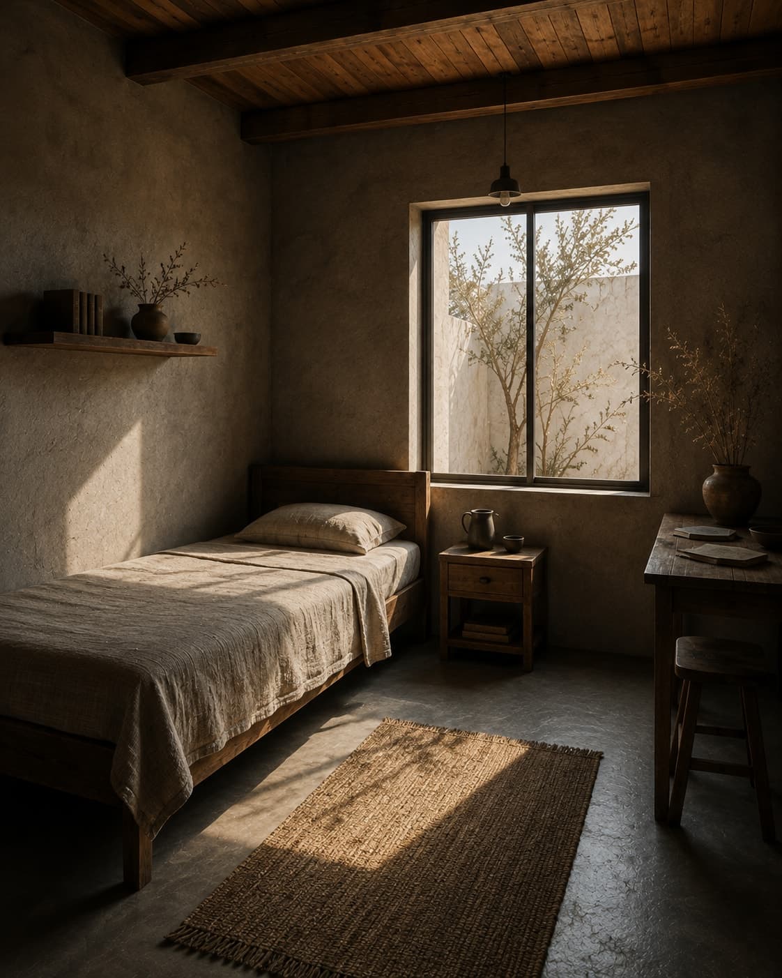 A narrow single room with one bed, a small desk and stool, and a window looking onto a courtyard wall.