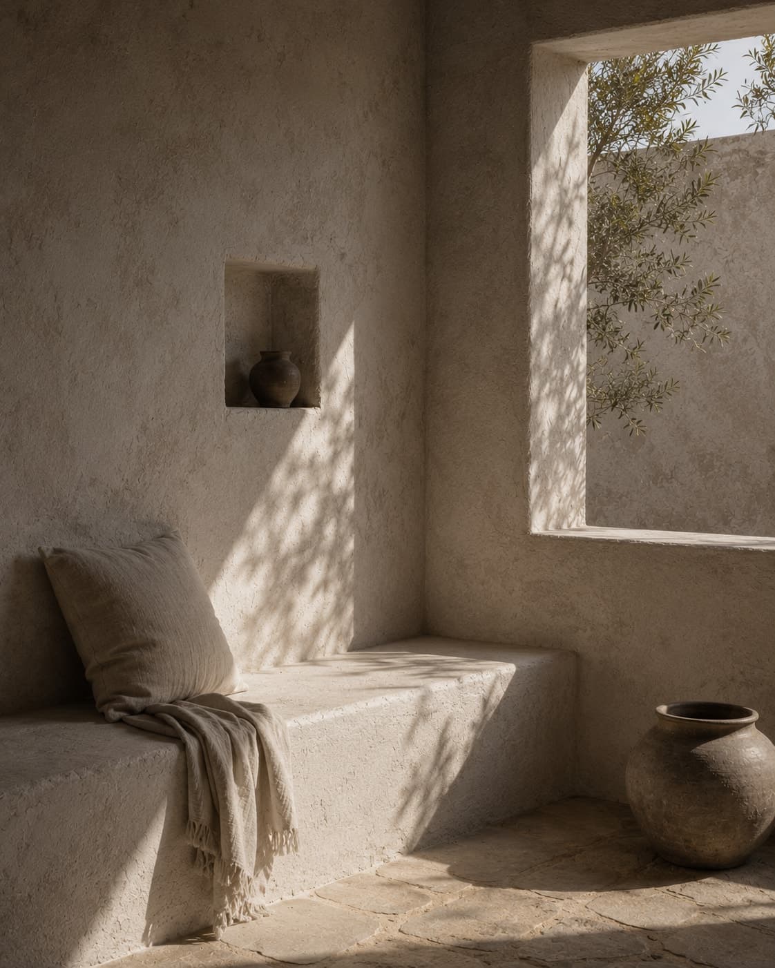 A built-in plaster bench turning the corner beneath a deep unglazed window opening, one linen cushion and a throw on it, a large earthenware jar on the stone floor.