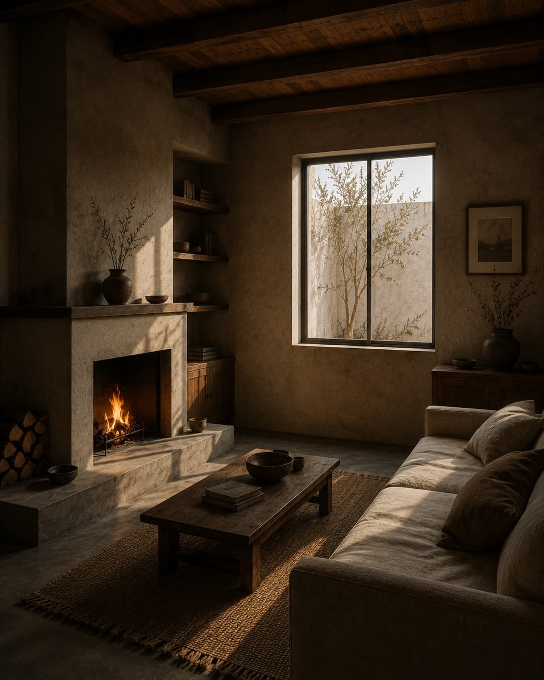 A guest room with a plastered fireplace lit and burning, split wood stacked at one end of the raised hearth, a low linen sofa turned toward it.